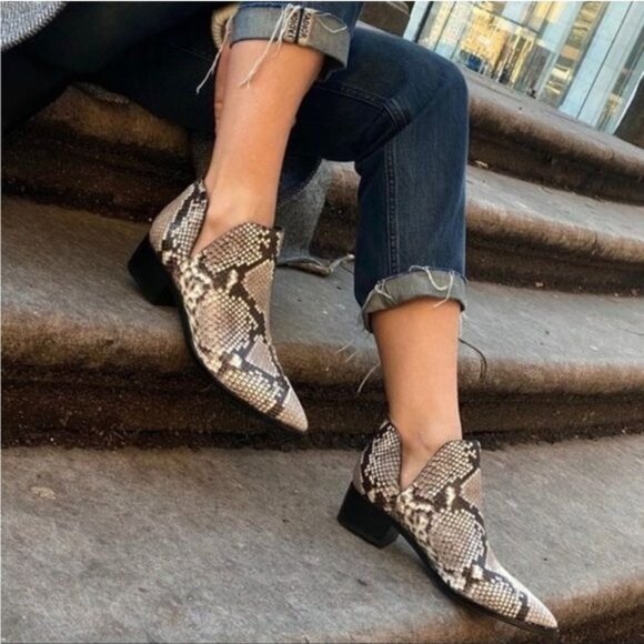 Marc Fisher Shoes - Marc Fisher Yilda Notched Western Leather Ankle Bootie Black Snake Size 8